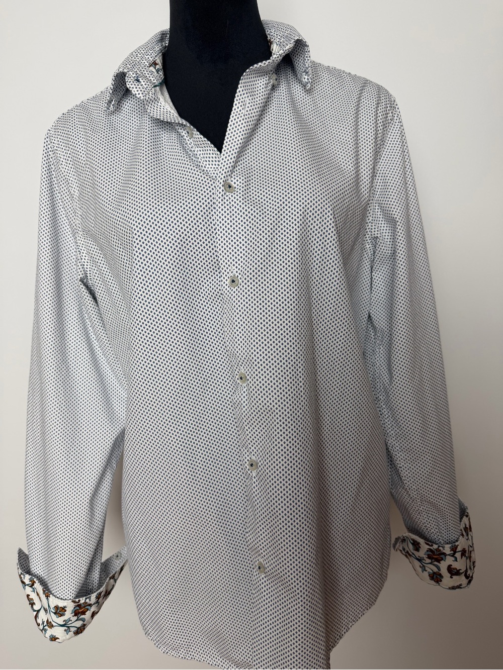 Denim & Flower White Shirt with Navy Micro-Dot Pattern Size M 100% Cotton